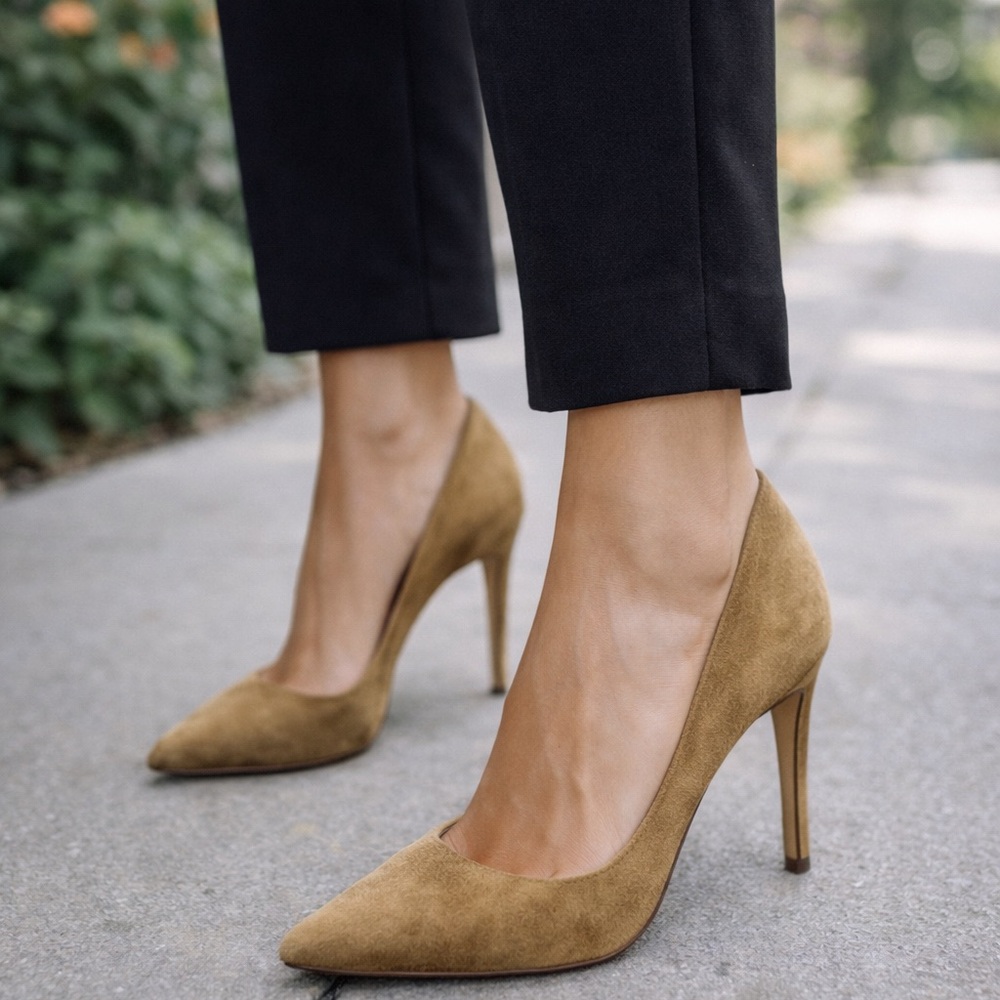 Samuele Failli Italian Suede Pointed-Toe Pumps 37.5 Olivey‎ taupe Stiletto Heels